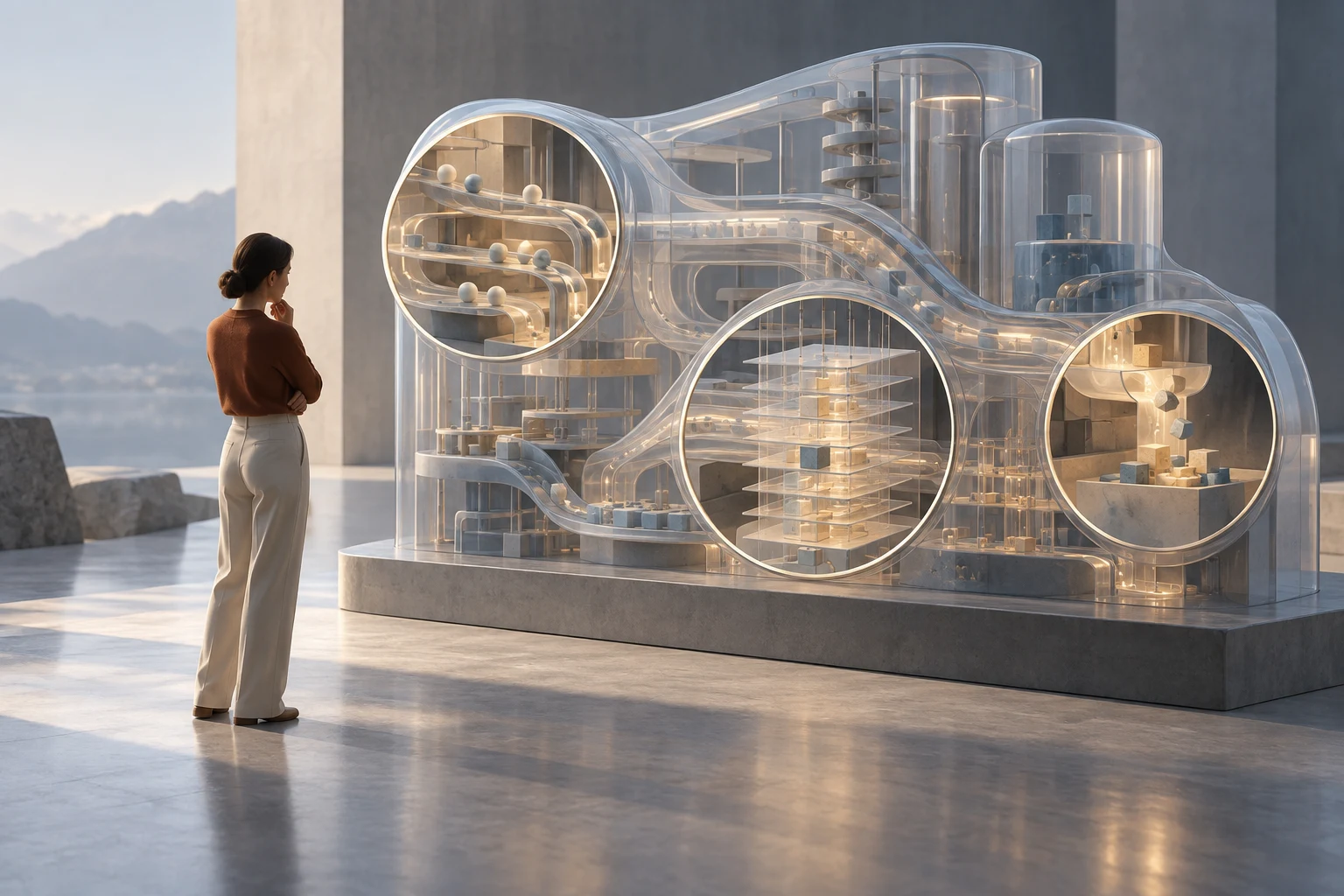 Editorial illustration of a person inspecting a transparent machine through three illuminated openings