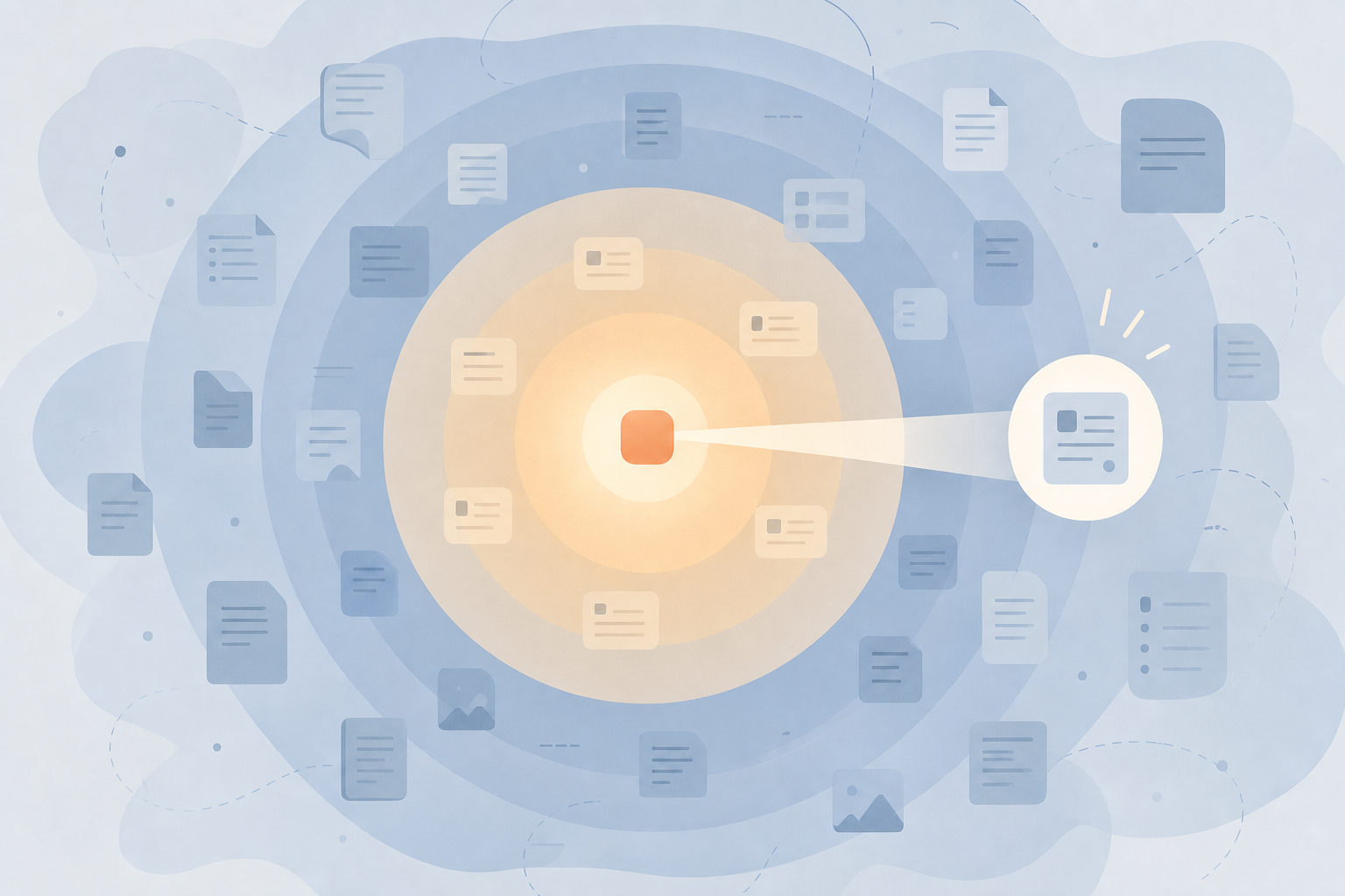 Abstract sketch: hot core, warm ring, cold archive—matched to a single task beam