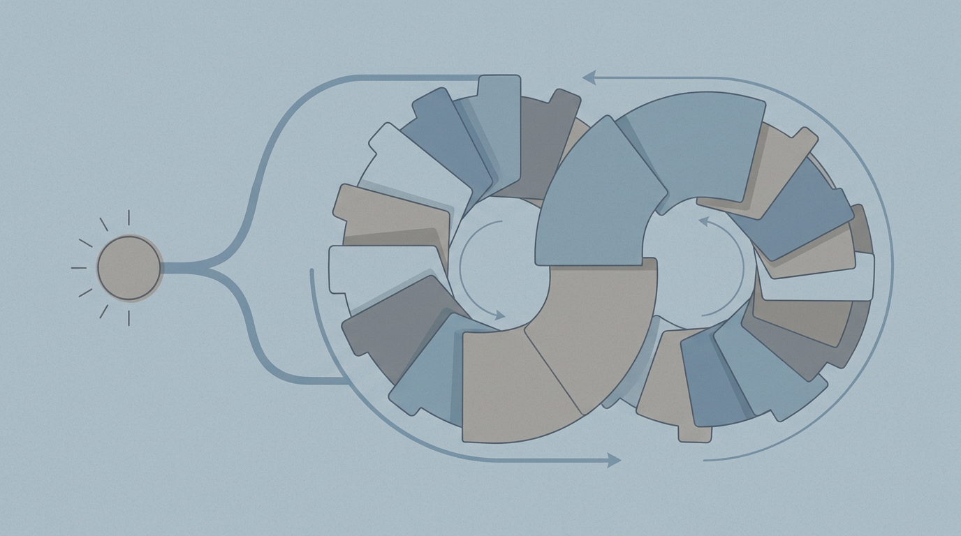 Abstract sketch: human dial for intent, machine loop refining its own layers