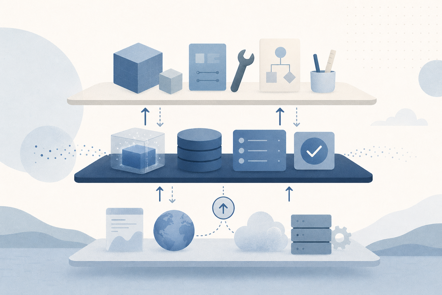 Abstract sketch: layered folders, sync arrows, one shared ground